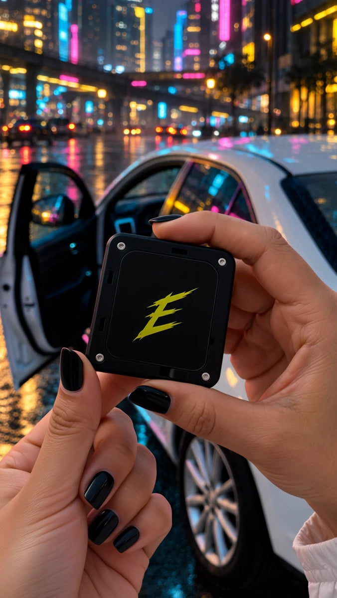 Compact EdgeGlow projector held beside a white car on a neon-lit street
