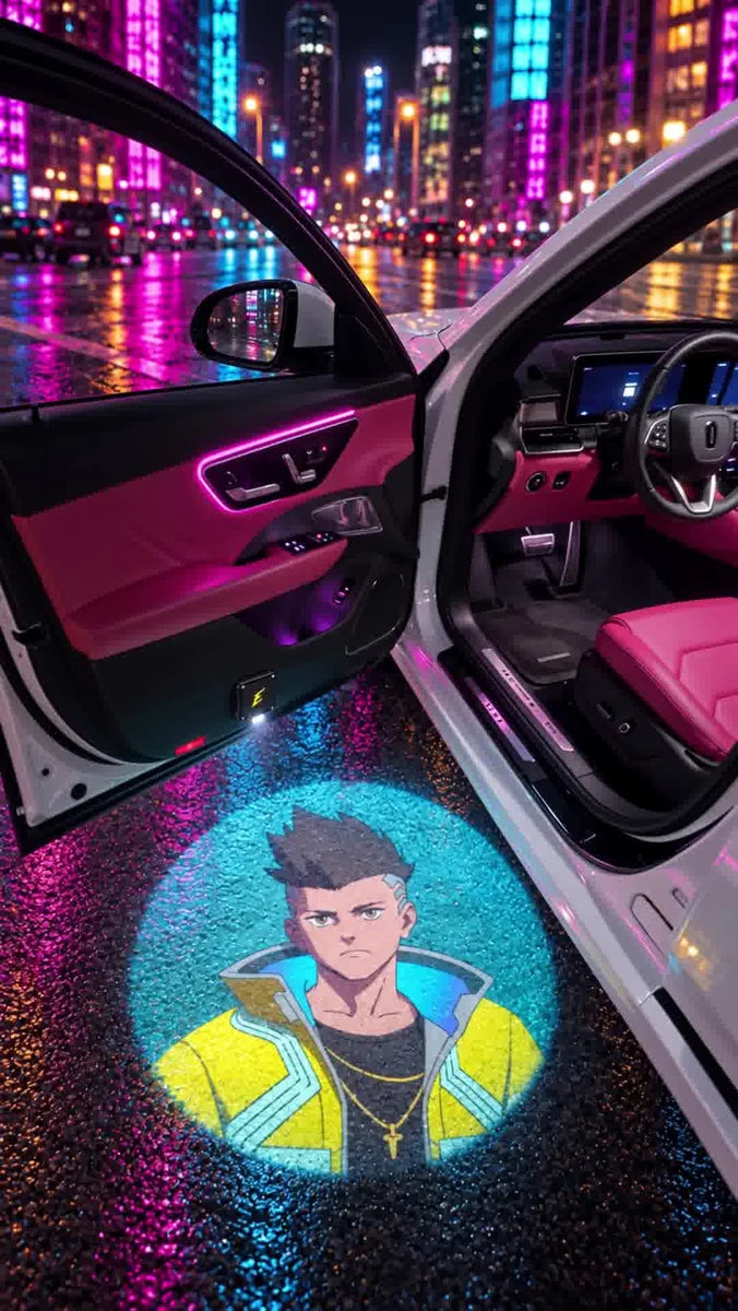 David Martinez projected onto the pavement beside an open car door